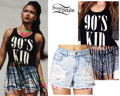 Cassie: 90s Kid Tank Top, Flag Pocket Denim Shorts