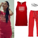 Cassie: 'Paradise' Bullet Tank & Red Sweatpants