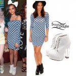 Jade Thirlwall: Blue Polka Dot Dress, White Boots | Steal Her Style