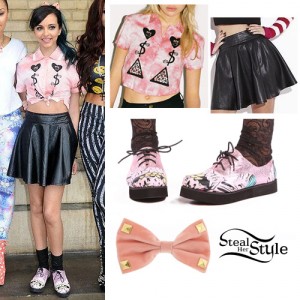 Jade Thirlwall: Leather Skirt, Printed Creepers | Steal Her Style