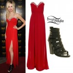 Nina Nesbitt: Red Split Maxi Dress, Gladiator Sandals