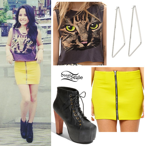 Becky G: Cat Face Top, Yellow Zipper Skirt