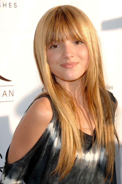 Bella Thorne Straight Honey Blonde Flat-Ironed, Long Layers, Straight Bangs  Hairstyle | Steal Her Style