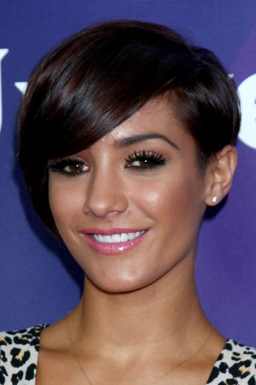Frankie Sandford | Short asymmetrical haircut with one side in a bob and  the other clipped around the ear