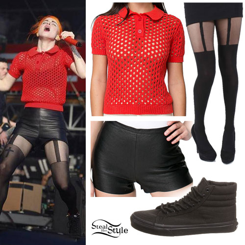 Hayley Williams: Polo Sweater, Leather Shorts