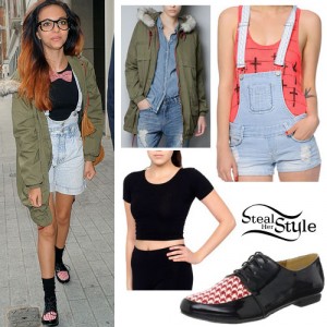 Jade Thirlwall: Denim Overalls, Houndstooth Oxfords | Steal Her Style