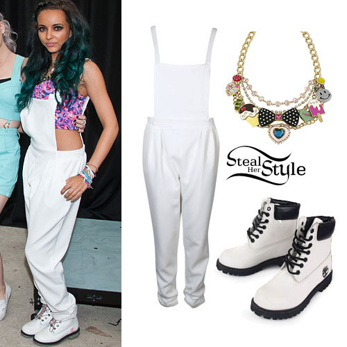 Jade Thirlwall: White Dungarees, Charm Necklace