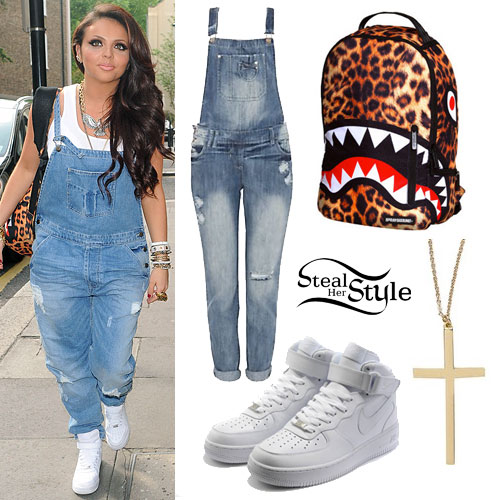 Jesy Nelson: Denim Dungarees, White Sneakers