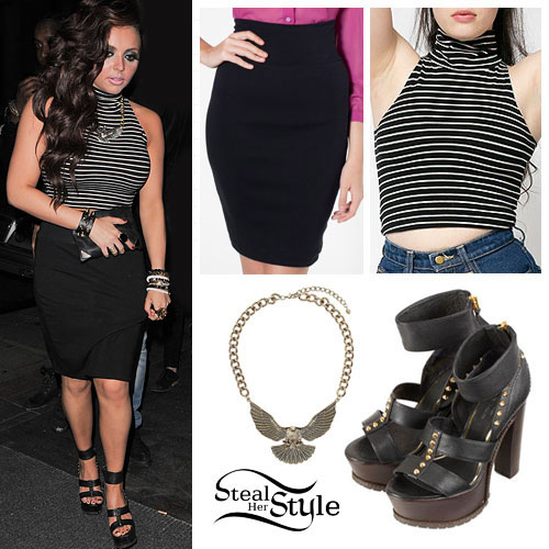 Jesy Nelson: Striped Turtleneck, Black Skirt