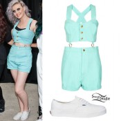 Perrie Edwards: Blue Shorts, Blue Bralet | Steal Her Style