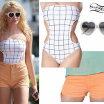 Pixie Lott: Grid Print Swimsuit, Orange Shorts