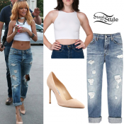 Rihanna: White Crop Top, Boyfriend Jeans | Steal Her Style