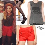 Sydney Sierota: Red Zipper Shorts, Bear Tank