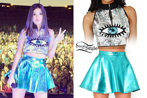 Victoria Justice: Sequin Eye Top, Metallic Skirt