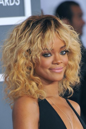 Rihanna Curly Honey Blonde Angled, Choppy Layers, Dark Roots, Messy ...