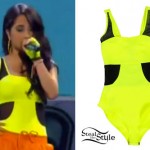 Becky G: Neon Yellow Mesh Bodysuit