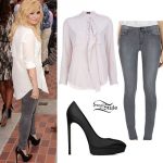 Demi Lovato: White Blouse, Grey Jeans