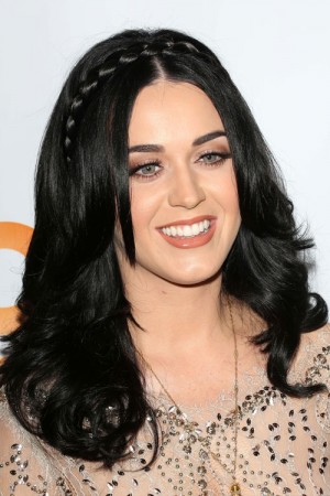 Katy Perry Wavy Black Crown Braid, Overgrown Bangs Hairstyle | Steal ...