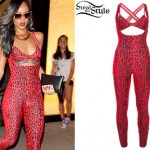 Rihanna: Red Leopard Cutout Jumpsuit