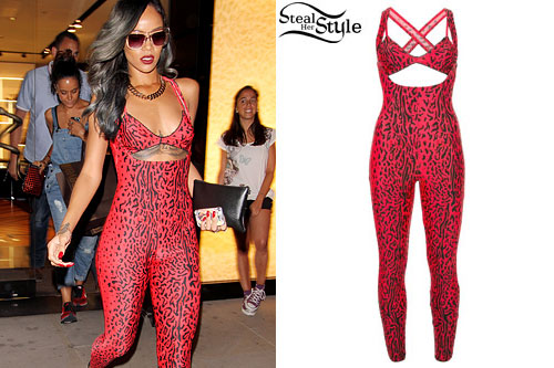 Rihanna: Red Leopard Cutout Jumpsuit