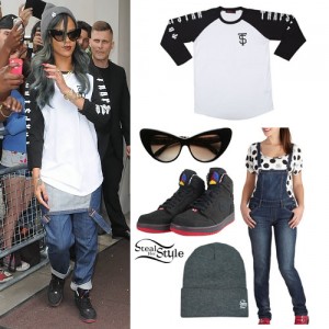 Rihanna: Trapstar Raglan Top, Denim Overalls | Steal Her Style