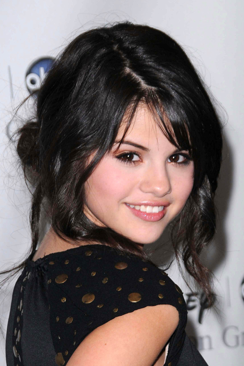 Selena Gomez Curly Black Face-Framing Pieces, Updo 