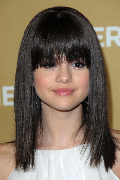 Selena Gomez Straight Dark Brown Angled, Flat-Ironed, Straight Bangs  Hairstyle | Steal Her Style