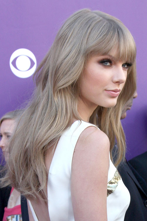 Taylor Swift Wavy Ash  Blonde  Straight Bangs Hairstyle 