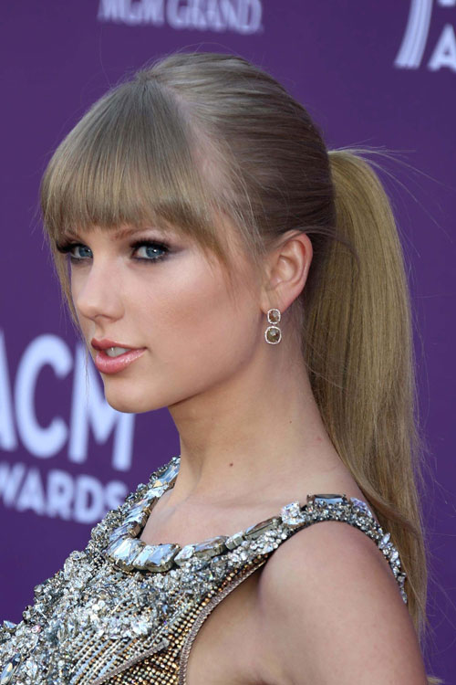 Taylor Swift Straight Ash Blonde Curved Bangs Ponytail Hairstyle