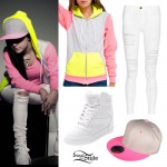 Becky G: Neon Hoodie, Ripped White Jeans