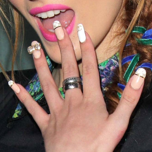Bella Thorne Peach, White Bows, Charms, French Manicure, Logo, Print Nails