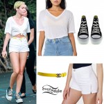 Miley Cyrus: V-Neck Tee, White Shorts