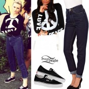 Perrie Edwards: Peace Top, High-Waist Jean | Steal Her Style