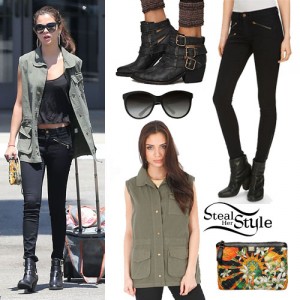Selena Gomez: Army Vest, Black Zip Jeans | Steal Her Style