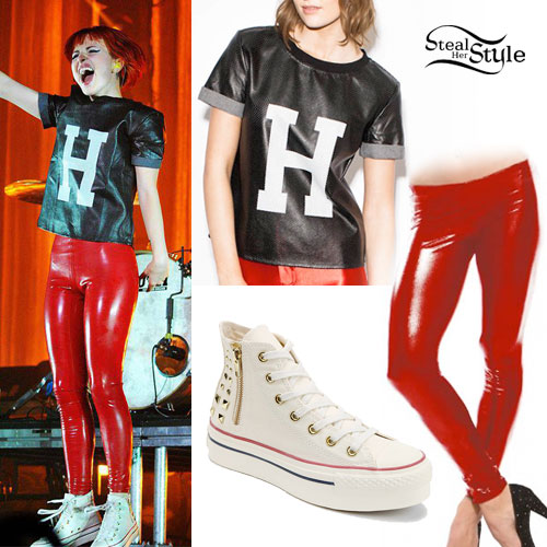 Hayley Williams: H Leather T-Shirt, Red Latex Leggings, Platform Converse Sneakers