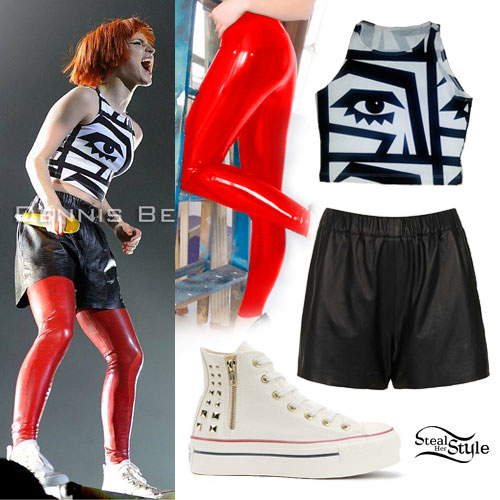 Hayley Williams: Eye Print Top, Leather Shorts