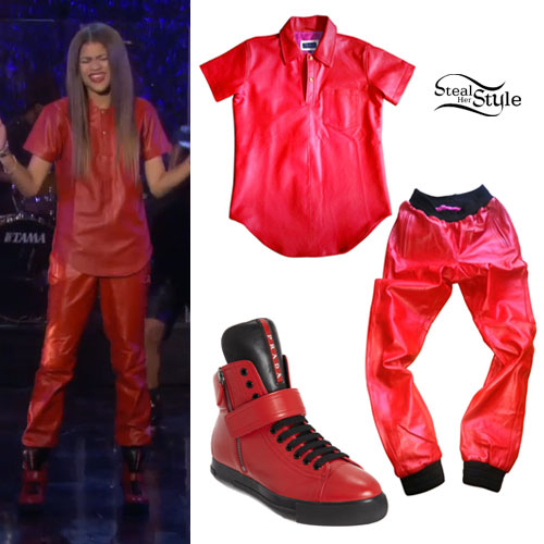 Zendaya: Red Leather Polo Shirt & Pants