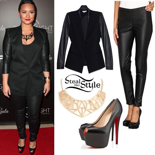 Demi Lovato: Leather Sleeve Blazer Outfit