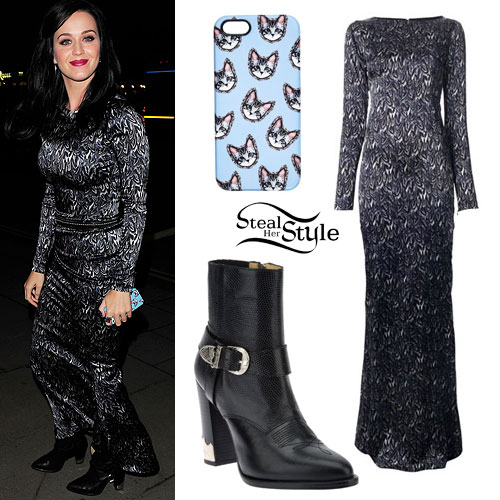 Katy Perry: Long Printed Dress, Ankle Boots