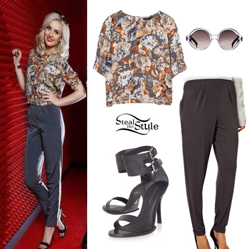 Perrie Edwards: Floral Top, Grey Peg Trousers
