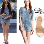 Selena Gomez: Denim Romper, Chain Sandals