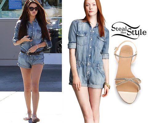 Selena Gomez: Denim Romper, Chain Sandals | Steal Her Style