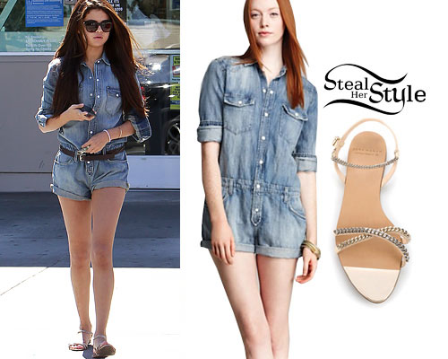 Selena Gomez: Denim Overalls, Brown Sandals