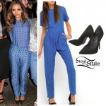 Jade Thirlwall: Blue Print Jumpsuit, Black Heels