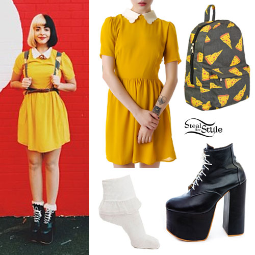 Melanie Martinez: Mustard Dress, Pizza Backpack