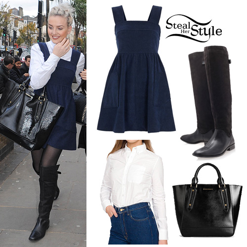 Perrie Edwards: Blue Dress, Knee High Boots | Steal Her Style