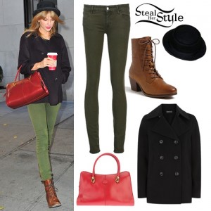 Taylor Swift: Olive Jeans, Black Coat | Steal Her Style