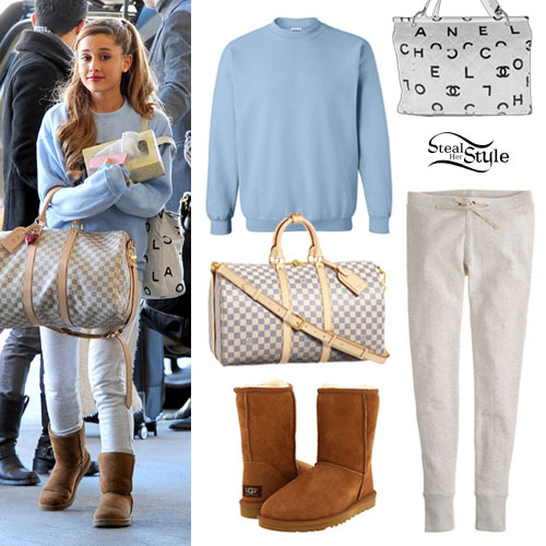 Ariana Grande with a Louis Vuitton travel bag matched with a baggy
