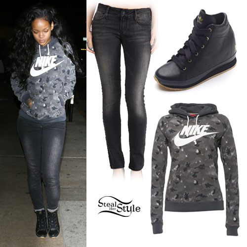 Rihanna: Camo Hoodie, Wedge Sneakers