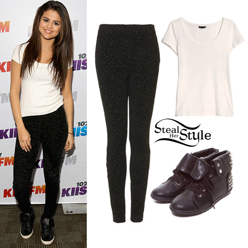 Selena Gomez: White Tee, Print Leggings | Steal Her Style